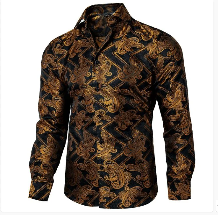 Black Gold Silk Paisley Long Sleeve Men's Shirt. CY-2010