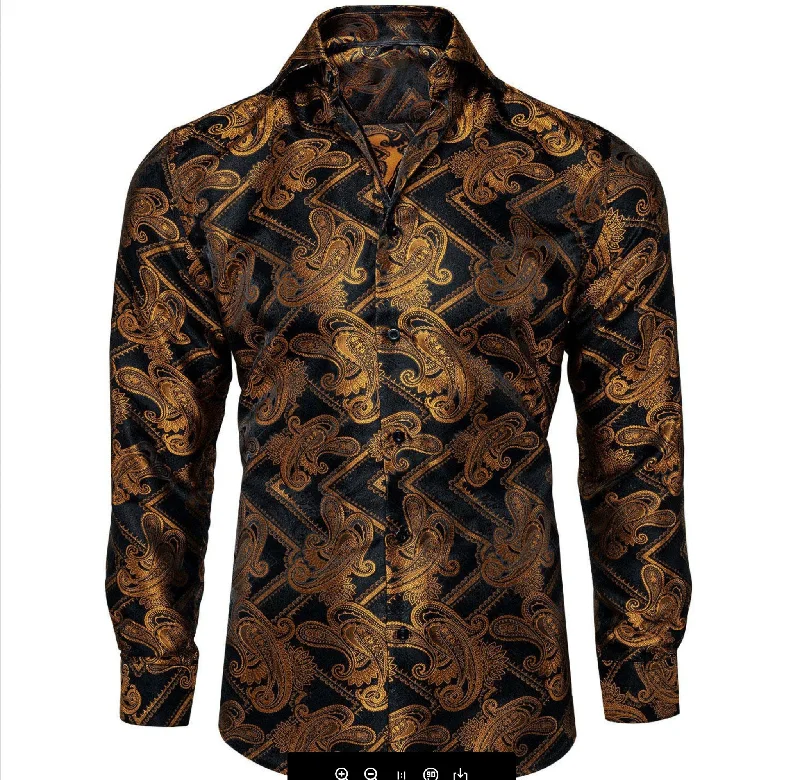 Black Gold Silk Paisley Long Sleeve Men's Shirt. CY-2010