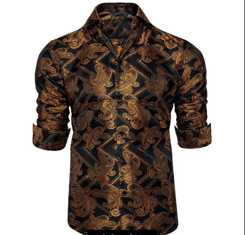 Black Gold Silk Paisley Long Sleeve Men's Shirt. CY-2010