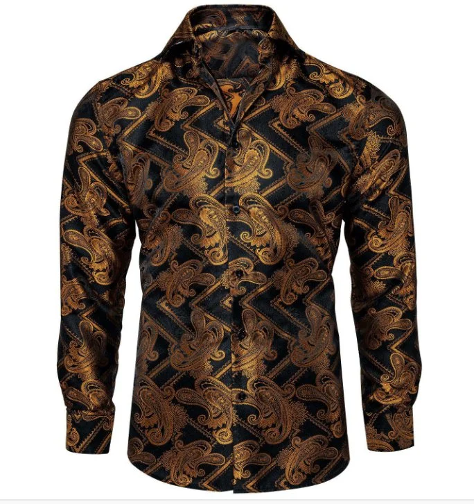 Black Gold Silk Paisley Long Sleeve Men's Shirt. CY-2010