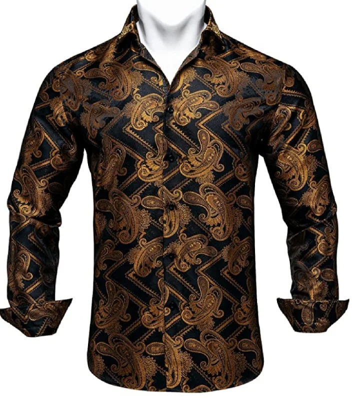 Black Gold Silk Paisley Long Sleeve Men's Shirt. CY-2010