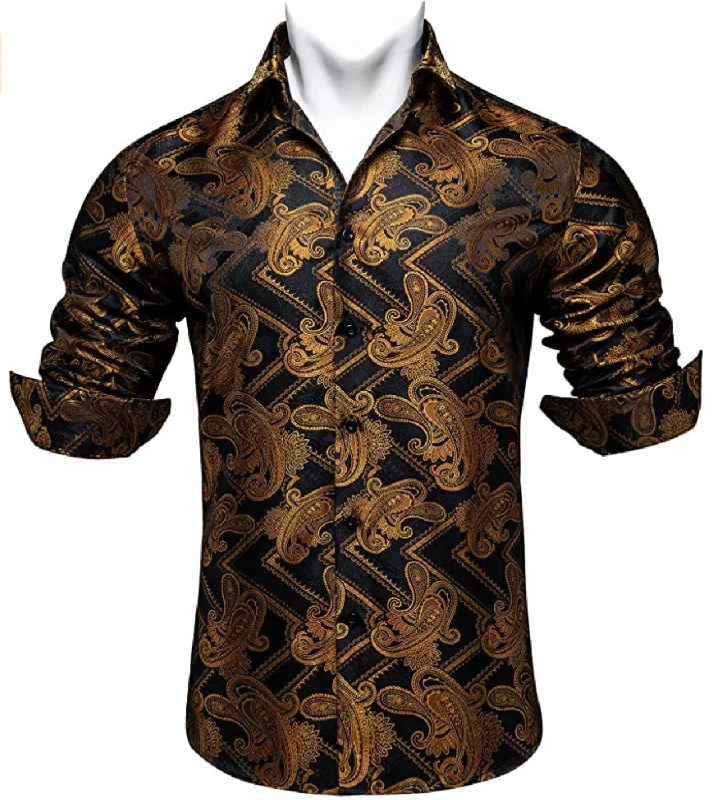 Black Gold Silk Paisley Long Sleeve Men's Shirt. CY-2010