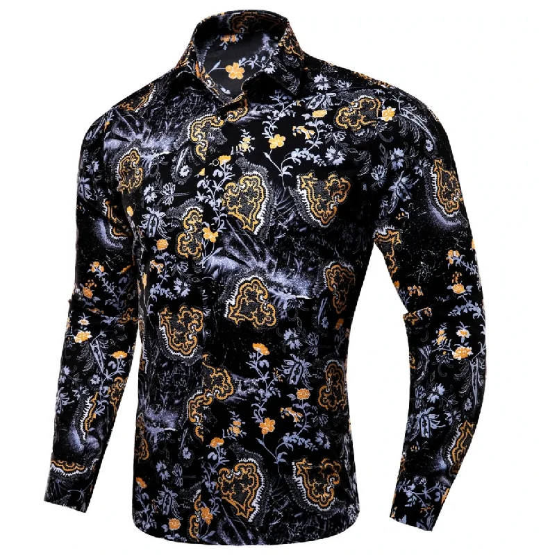 Black Golden Flame Print Novelty Mens Shirt -CY-1026