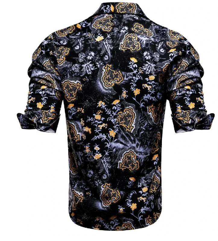 Black Golden Flame Print Novelty Mens Shirt -CY-1026