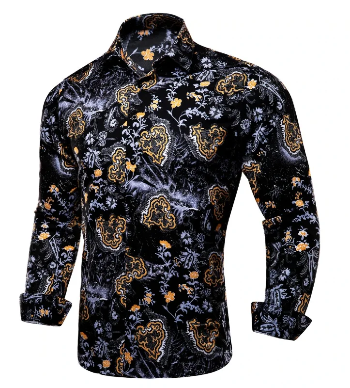 Black Golden Flame Print Novelty Mens Shirt -CY-1026