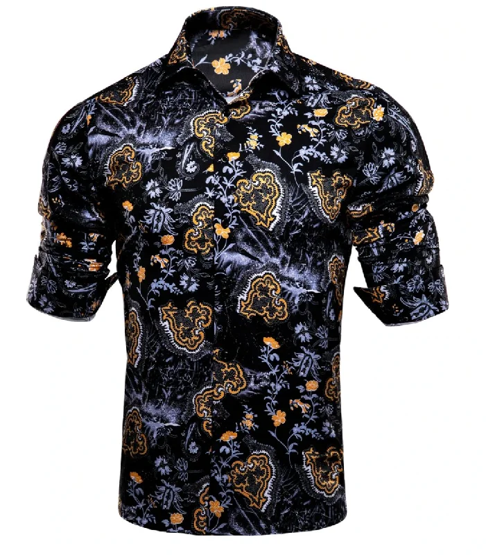 Black Golden Flame Print Novelty Mens Shirt -CY-1026