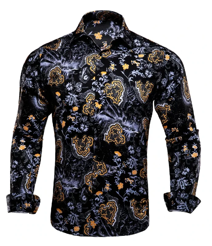 Black Golden Flame Print Novelty Mens Shirt -CY-1026