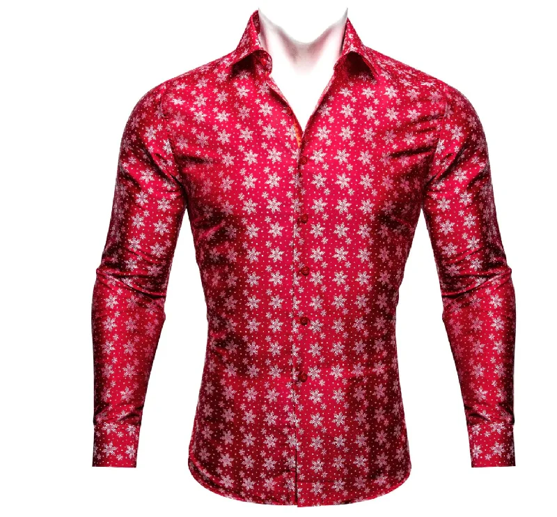 Simon Von Christmas Red White Snowflake Floral Silk Slim Fit Shirt-CY-0511