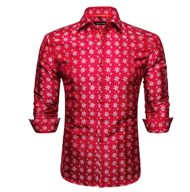 Simon Von Christmas Red White Snowflake Floral Silk Slim Fit Shirt-CY-0511