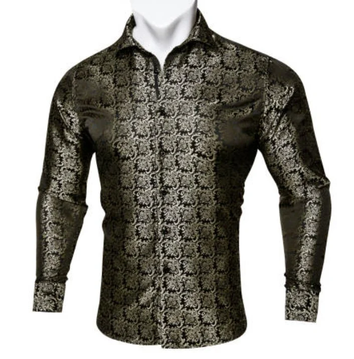 SimonVon New Fashionable Black Golden Silk Floral Long Sleeve Men's Shirt CY-0065