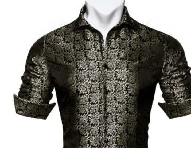 SimonVon New Fashionable Black Golden Silk Floral Long Sleeve Men's Shirt CY-0065