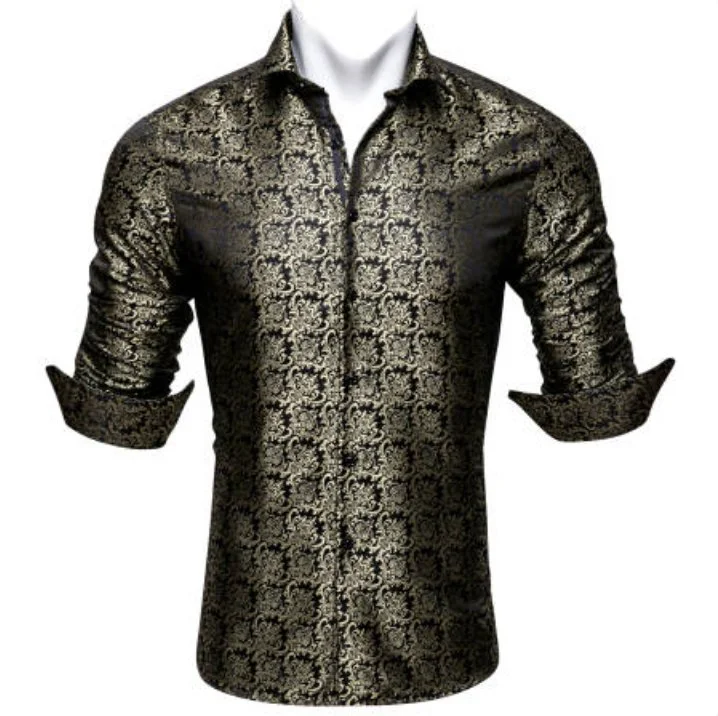 SimonVon New Fashionable Black Golden Silk Floral Long Sleeve Men's Shirt CY-0065