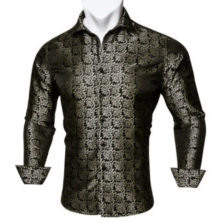 SimonVon New Fashionable Black Golden Silk Floral Long Sleeve Men's Shirt CY-0065