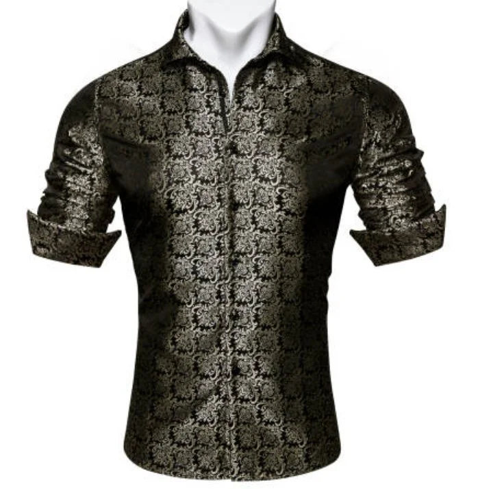 SimonVon New Fashionable Black Golden Silk Floral Long Sleeve Men's Shirt CY-0065