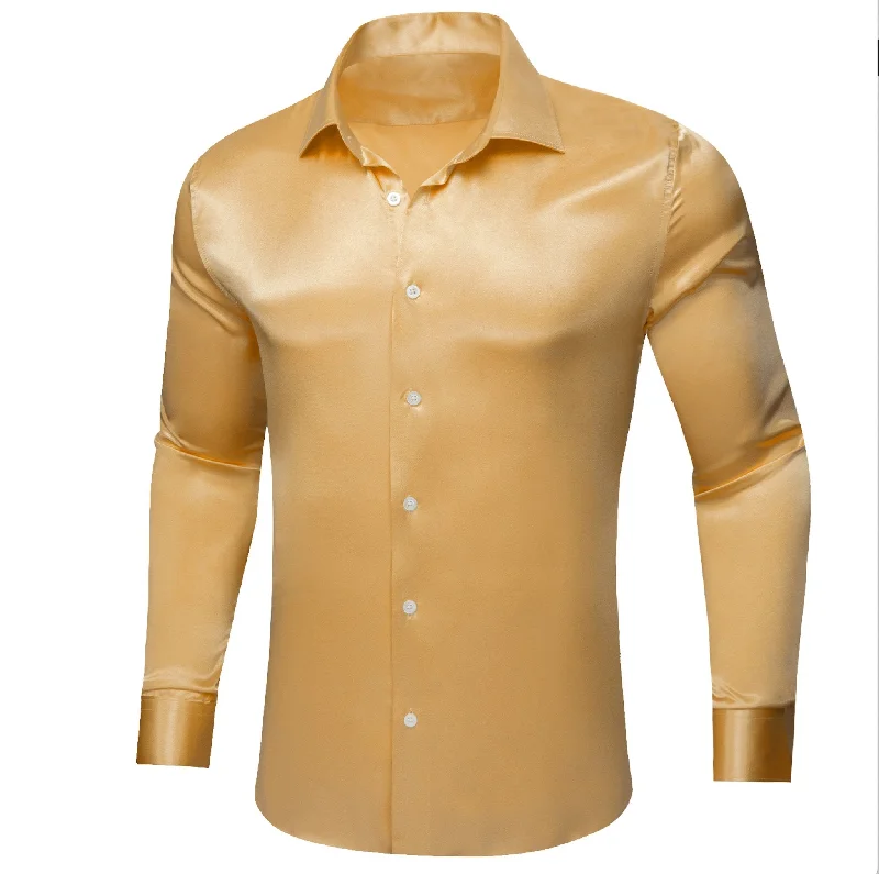 Gold Solid Satin Silk Men's Long Sleeve Dress Shirt- CY-0516