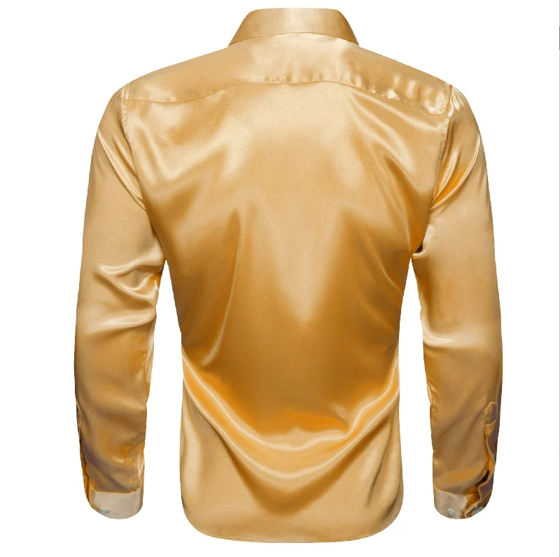 Gold Solid Satin Silk Men's Long Sleeve Dress Shirt- CY-0516