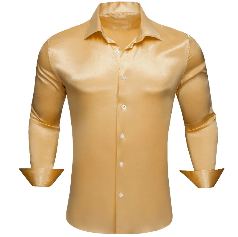 Gold Solid Satin Silk Men's Long Sleeve Dress Shirt- CY-0516