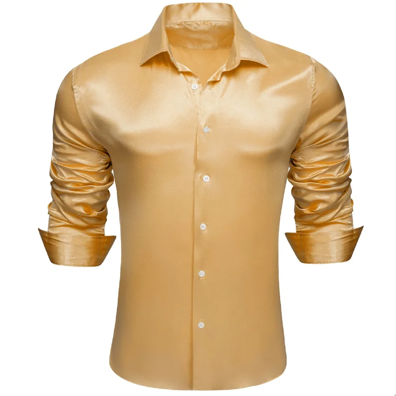 Gold Solid Satin Silk Men's Long Sleeve Dress Shirt- CY-0516