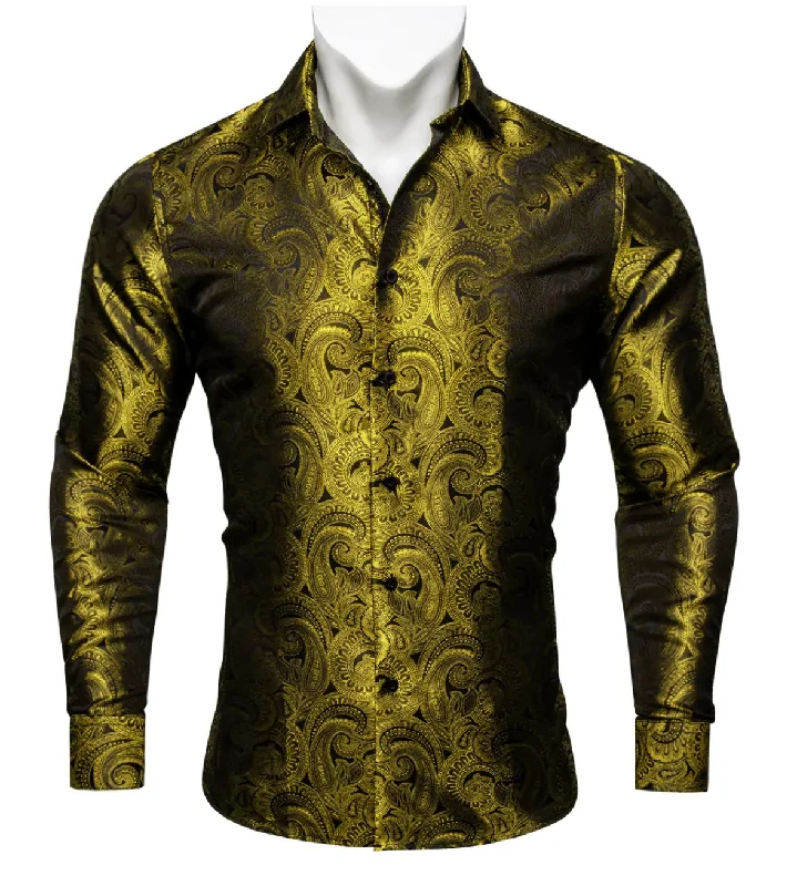 Golden Yellow Black Paisley Silk Men's Long Sleeve Shirt Casual- CY-0610