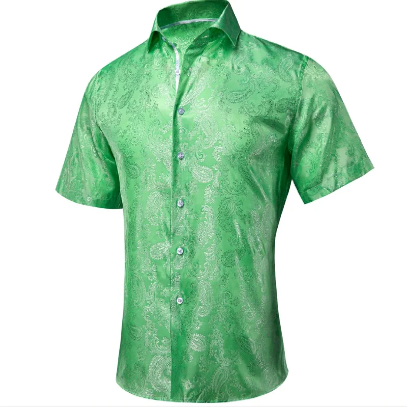 Grass Green Paisley Silk Men's Short Sleeve Shirt-CY-1463