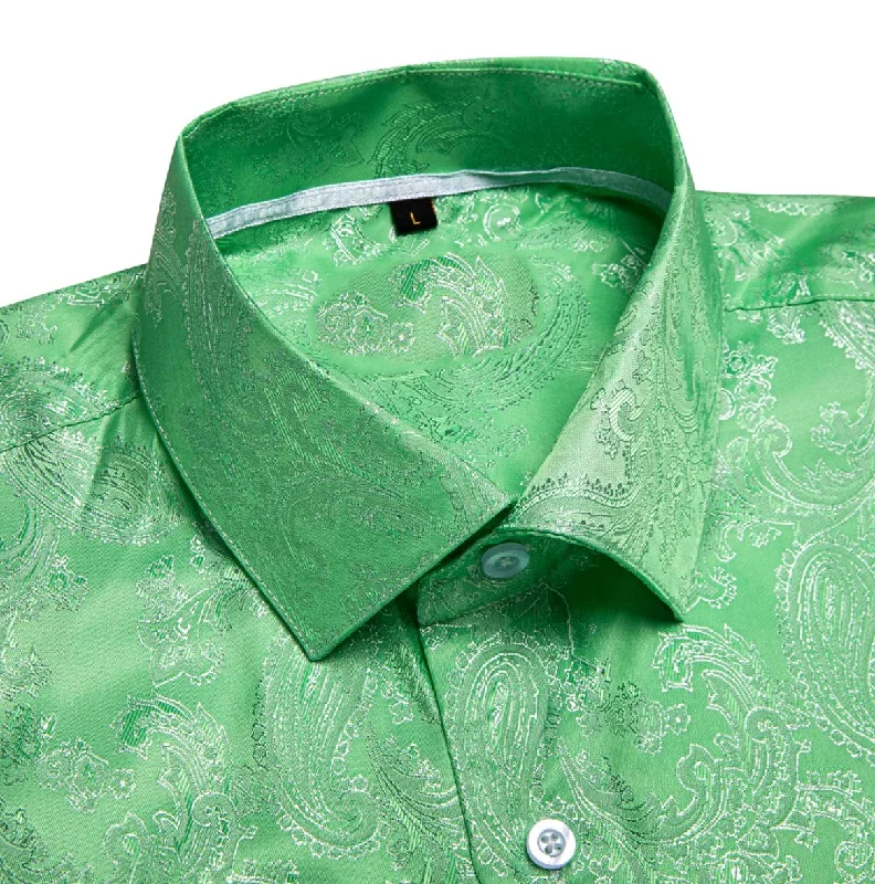 Grass Green Paisley Silk Men's Short Sleeve Shirt-CY-1463