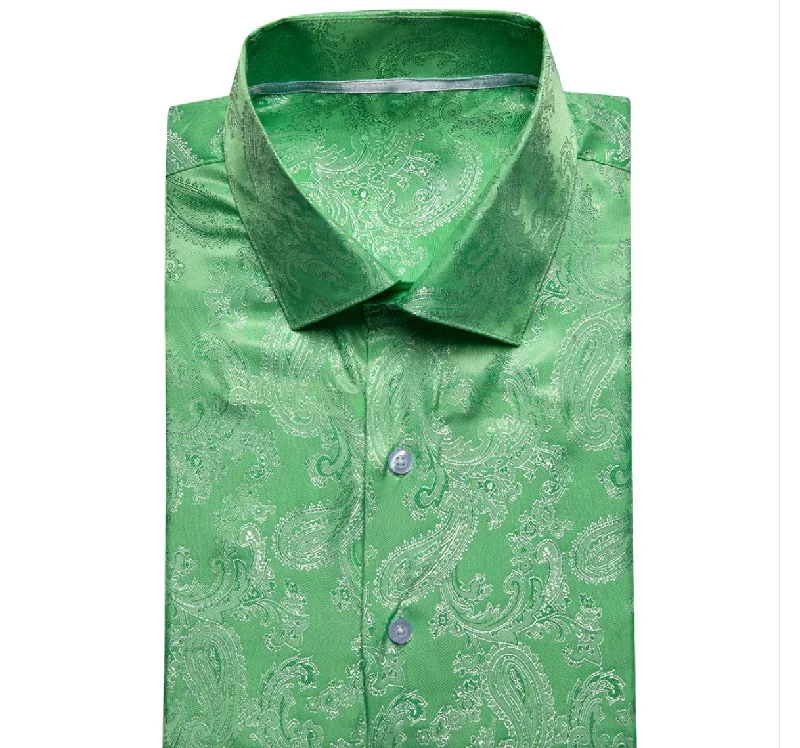 Grass Green Paisley Silk Men's Short Sleeve Shirt-CY-1463