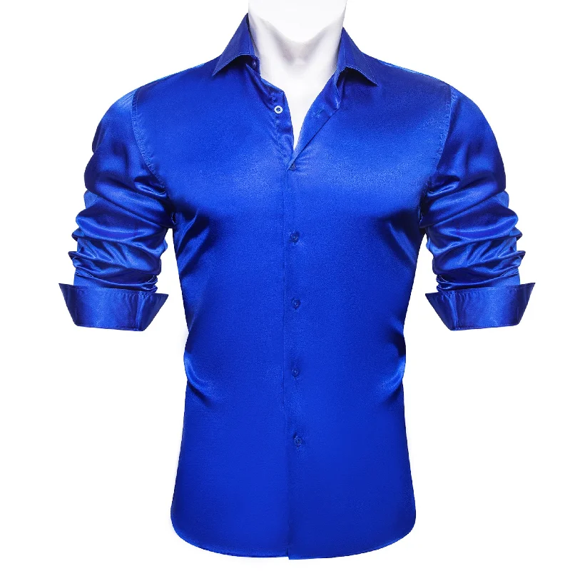 Klein Blue Solid Satin Silk Men's Long Sleeve Dress Shirt- CY-0539