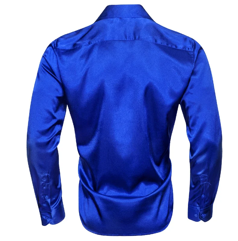 Klein Blue Solid Satin Silk Men's Long Sleeve Dress Shirt- CY-0539