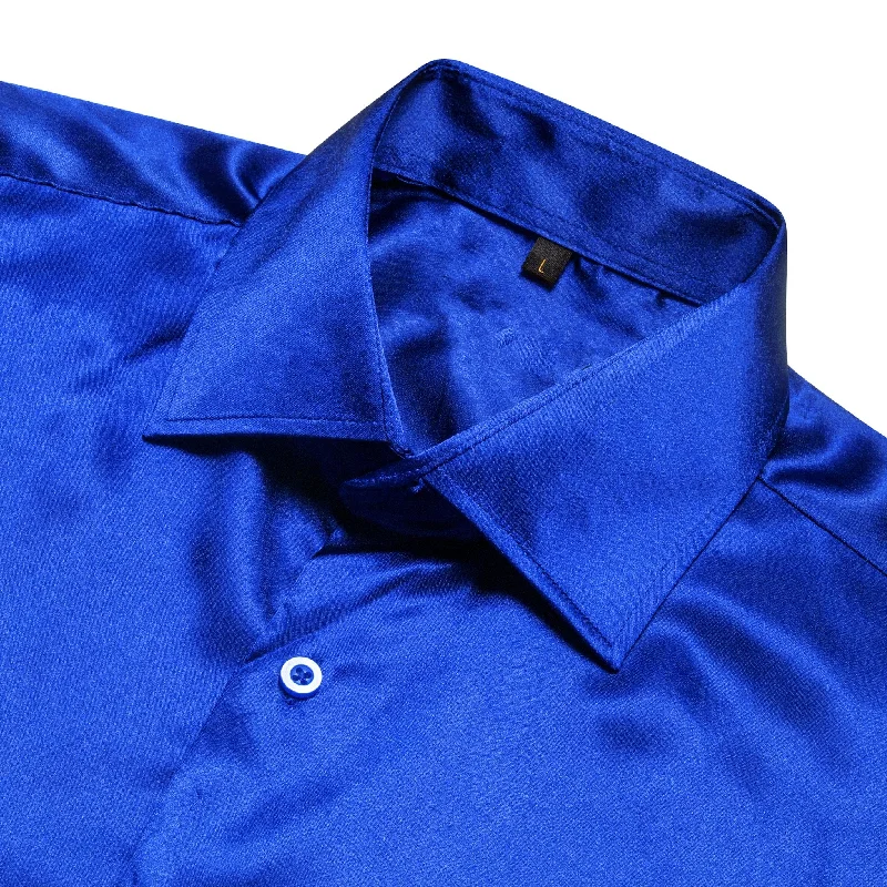 Klein Blue Solid Satin Silk Men's Long Sleeve Dress Shirt- CY-0539