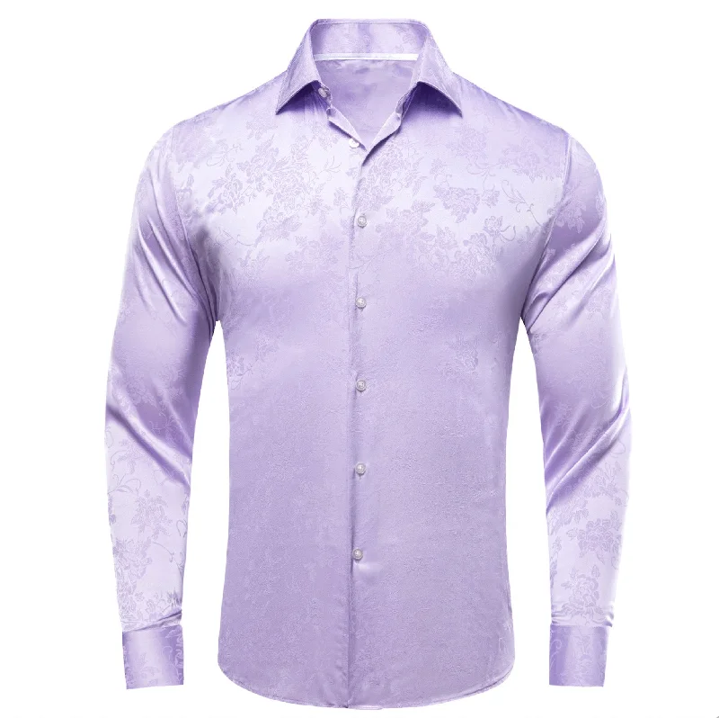 Lilac Purple Floral Silk Men's Long Sleeve Shirt-1645