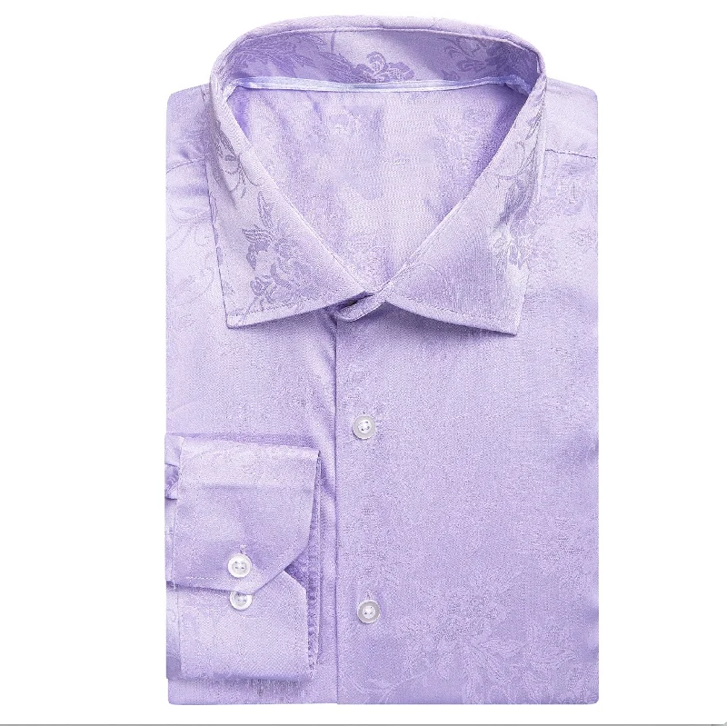 Lilac Purple Floral Silk Men's Long Sleeve Shirt-1645