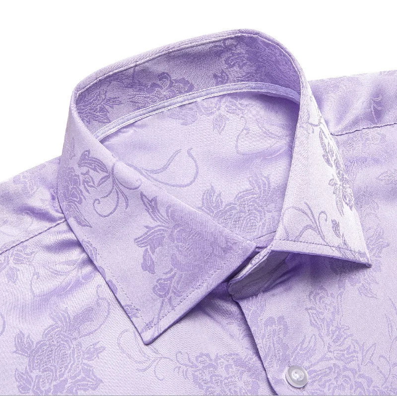 Lilac Purple Floral Silk Men's Long Sleeve Shirt-1645