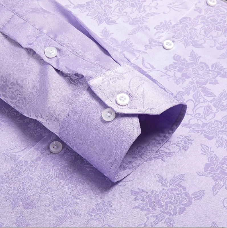 Lilac Purple Floral Silk Men's Long Sleeve Shirt-1645