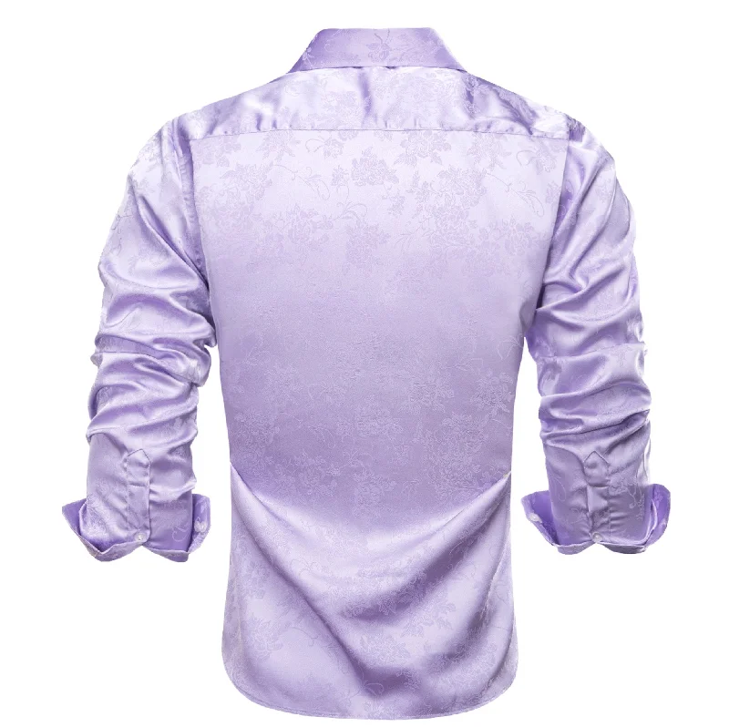 Lilac Purple Floral Silk Men's Long Sleeve Shirt-1645