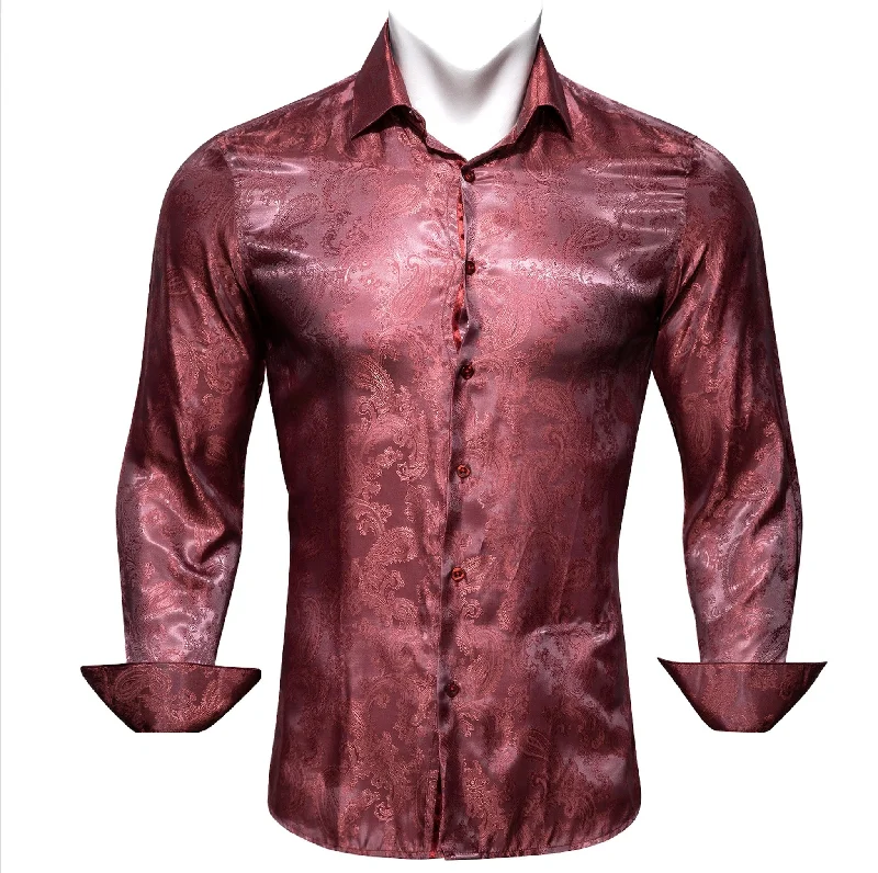 Maroon Paisley  Men's Silk Long Sleeves Shirt - CY-0090