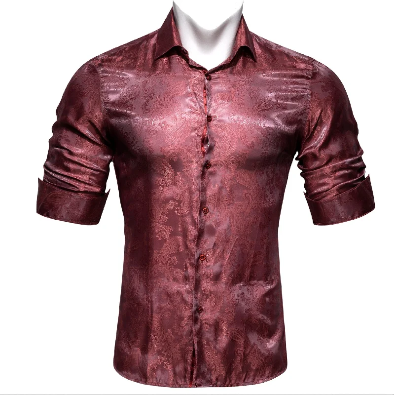 Maroon Paisley  Men's Silk Long Sleeves Shirt - CY-0090