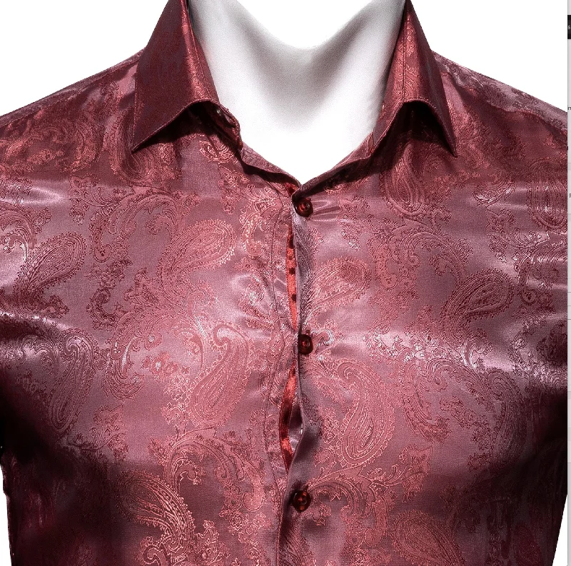 Maroon Paisley  Men's Silk Long Sleeves Shirt - CY-0090