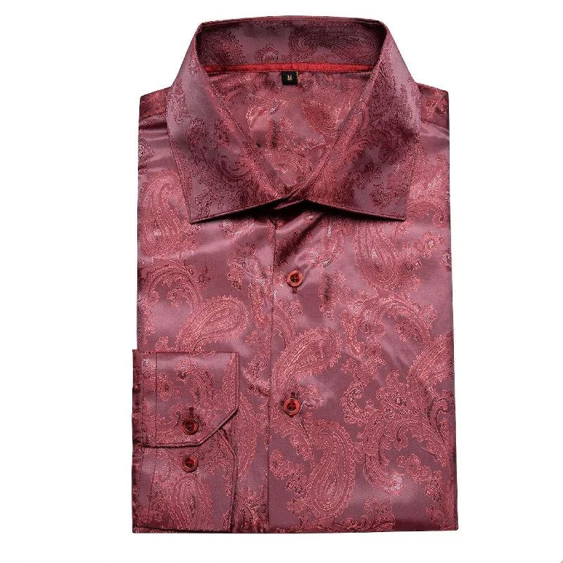 Maroon Paisley  Men's Silk Long Sleeves Shirt - CY-0090