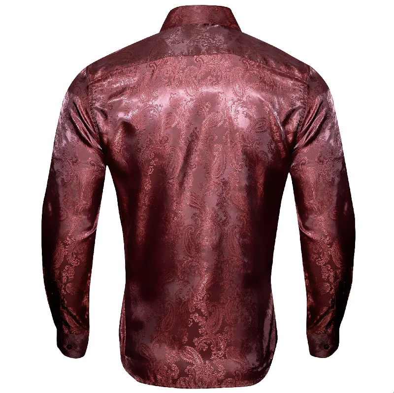 Maroon Paisley  Men's Silk Long Sleeves Shirt - CY-0090