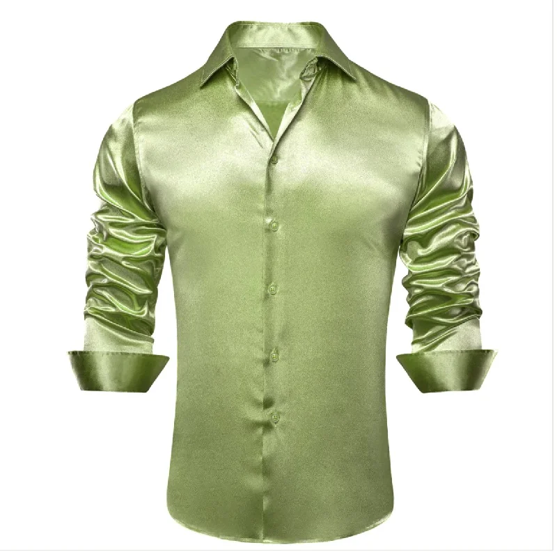 New Apple Green Satin Silk Men's Long Sleeve Shirt-CY-1506