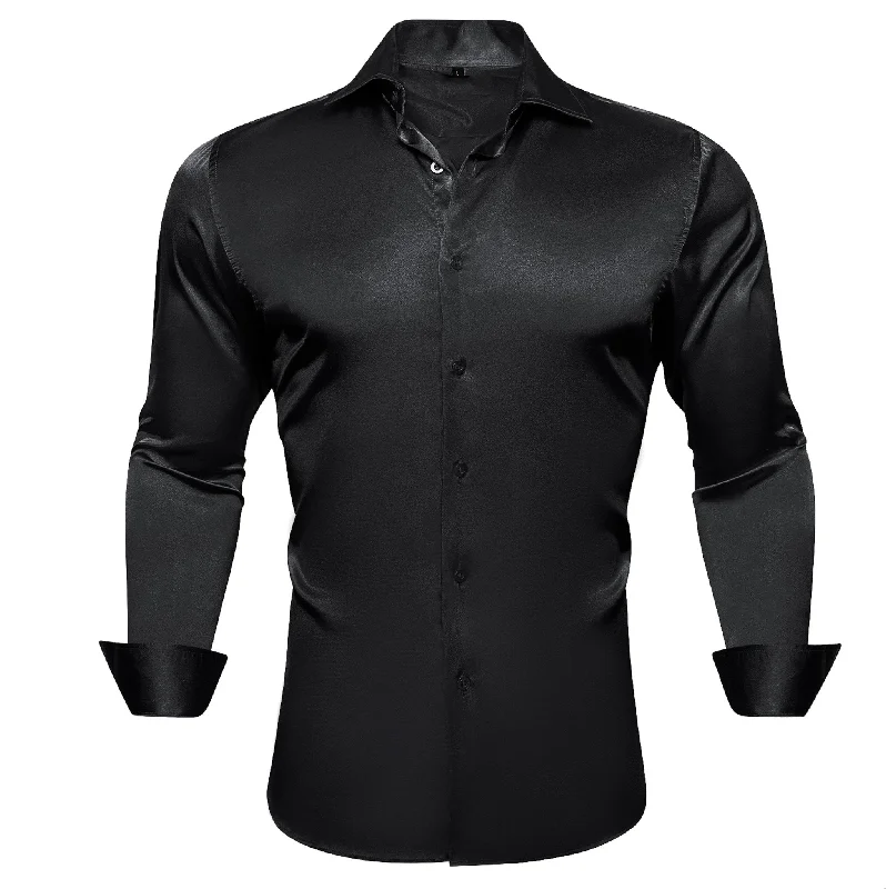 New Black Satin Silk Men's Long Sleeve Shirt- CY-0538