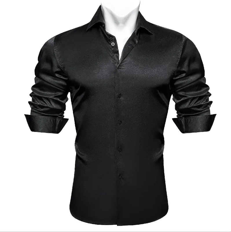 New Black Satin Silk Men's Long Sleeve Shirt- CY-0538