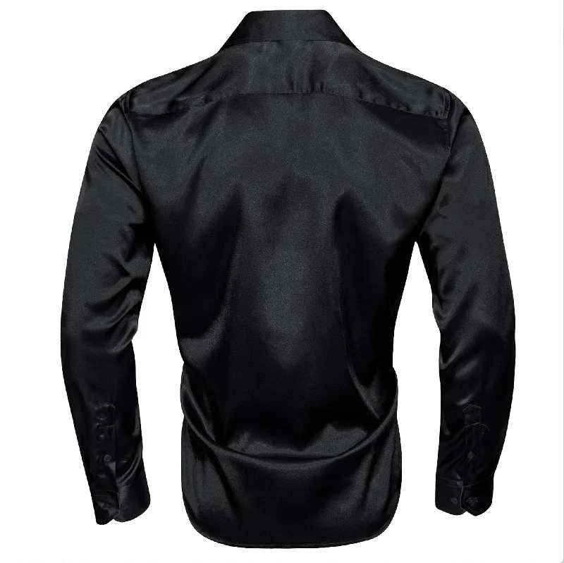 New Black Satin Silk Men's Long Sleeve Shirt- CY-0538