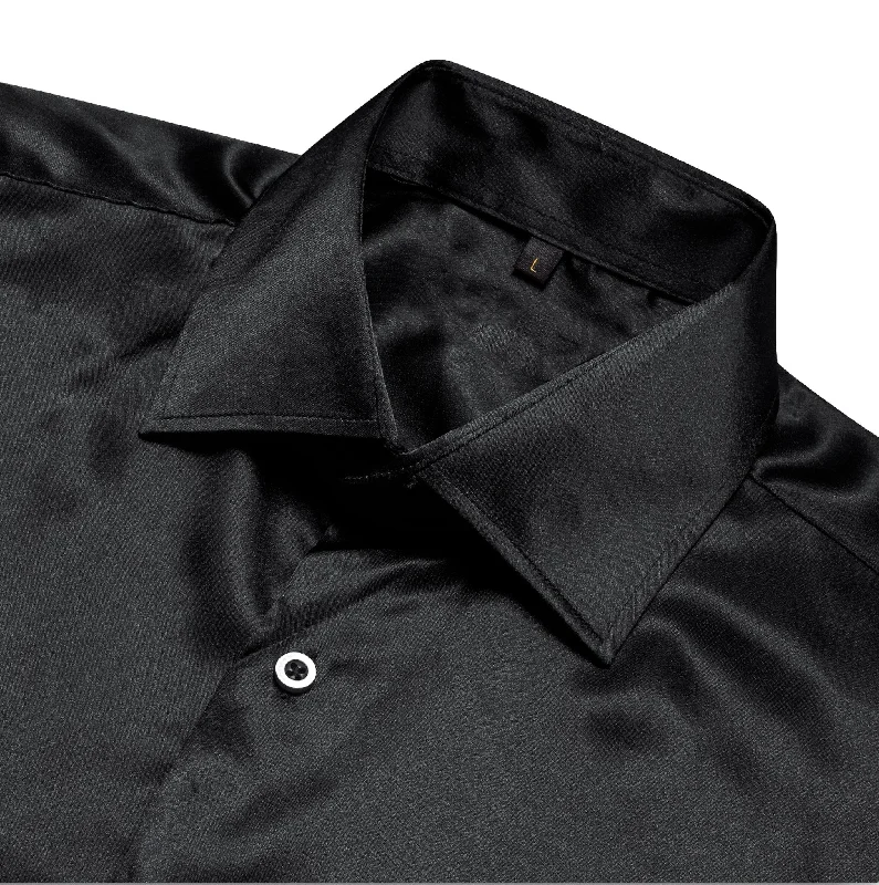 New Black Satin Silk Men's Long Sleeve Shirt- CY-0538