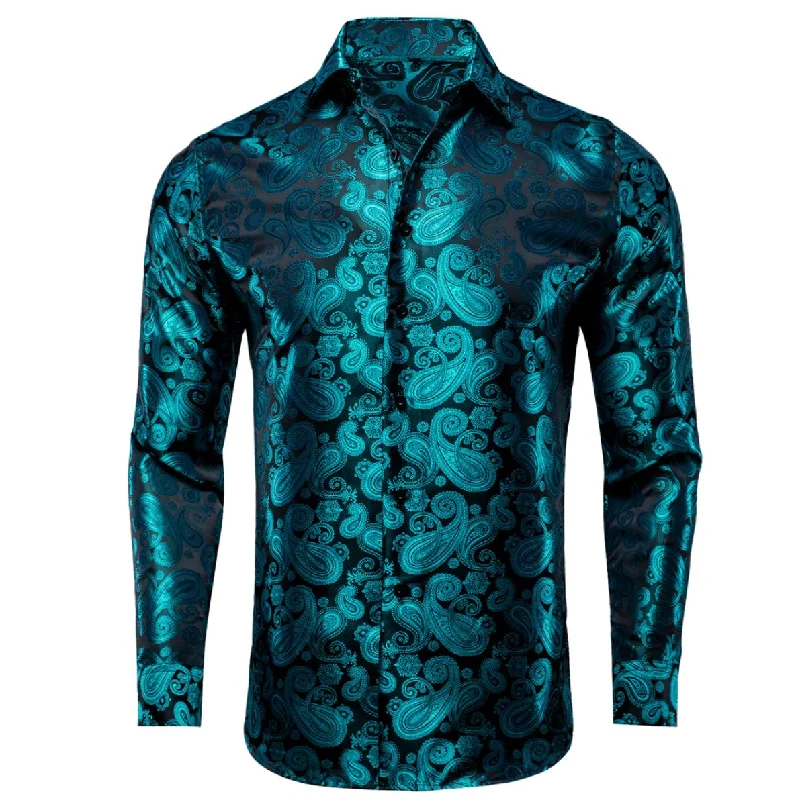 New Blue Black Paisley Silk Men's Long Sleeve Shirt Casual-CY1610