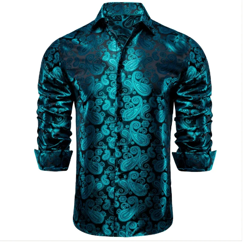 New Blue Black Paisley Silk Men's Long Sleeve Shirt Casual-CY1610