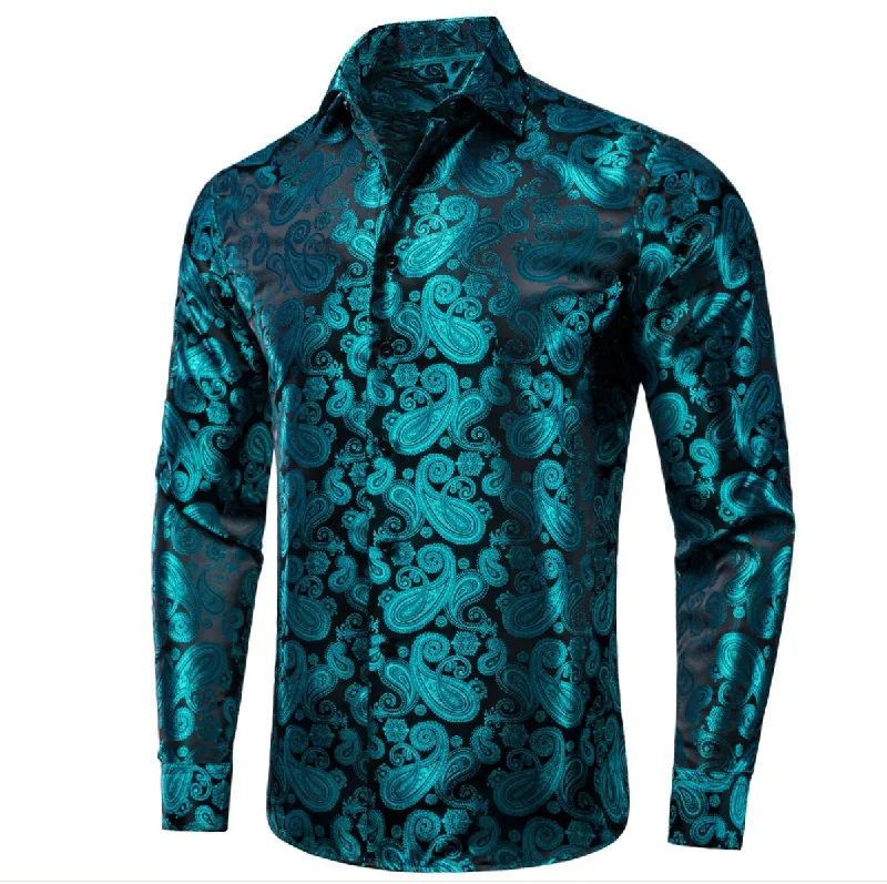 New Blue Black Paisley Silk Men's Long Sleeve Shirt Casual-CY1610