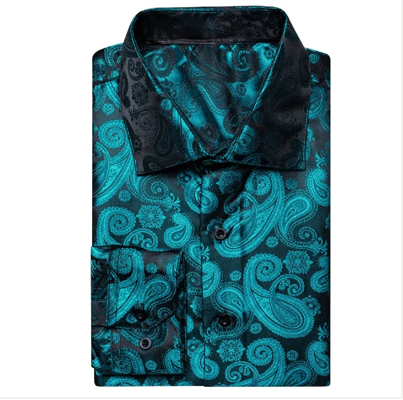 New Blue Black Paisley Silk Men's Long Sleeve Shirt Casual-CY1610