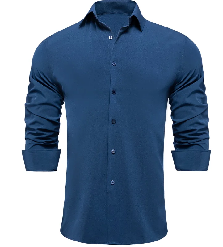 New  Blue Solid Stretch Men's Long Sleeve Shirt-CY-1057