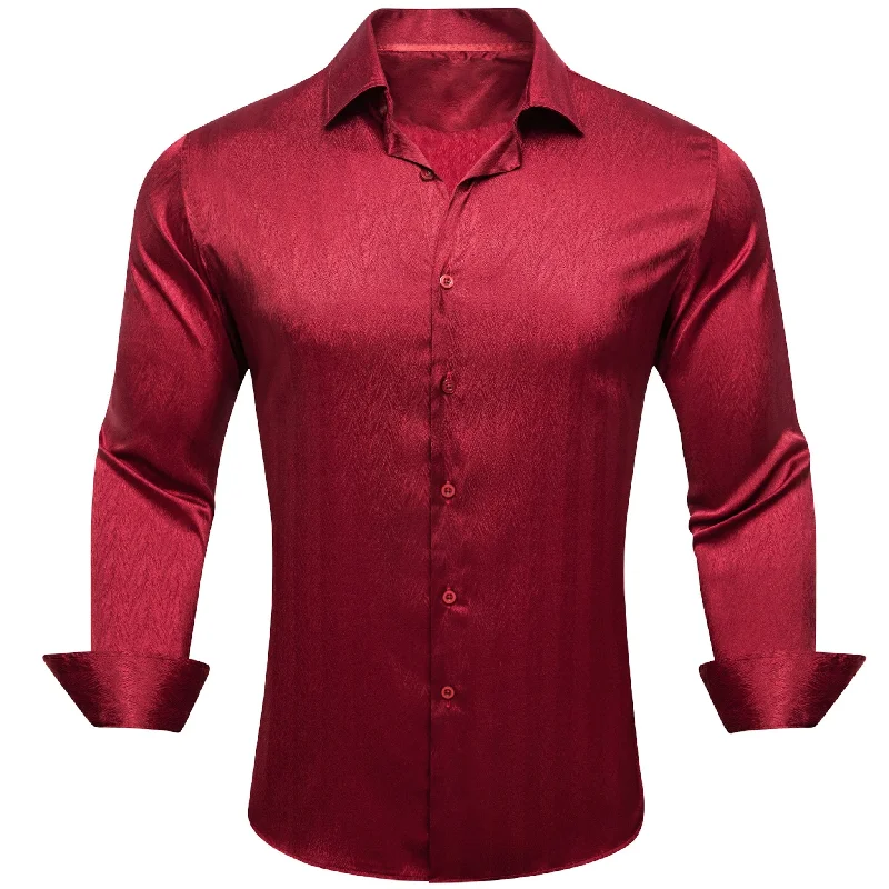 New Dark Red Solid Silk Men's Long Sleeve Shirt- CY-0672